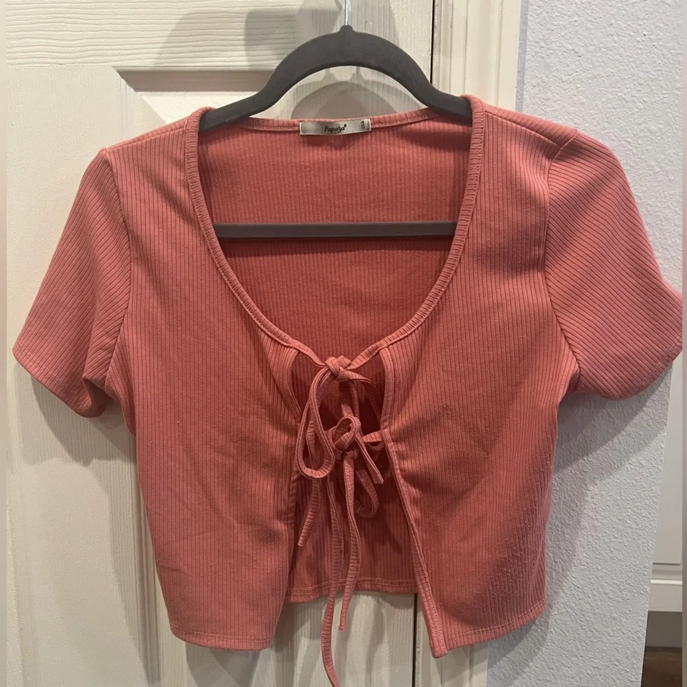 Women's Papaya Pink Tie-Front Top - Picture 1 of 5